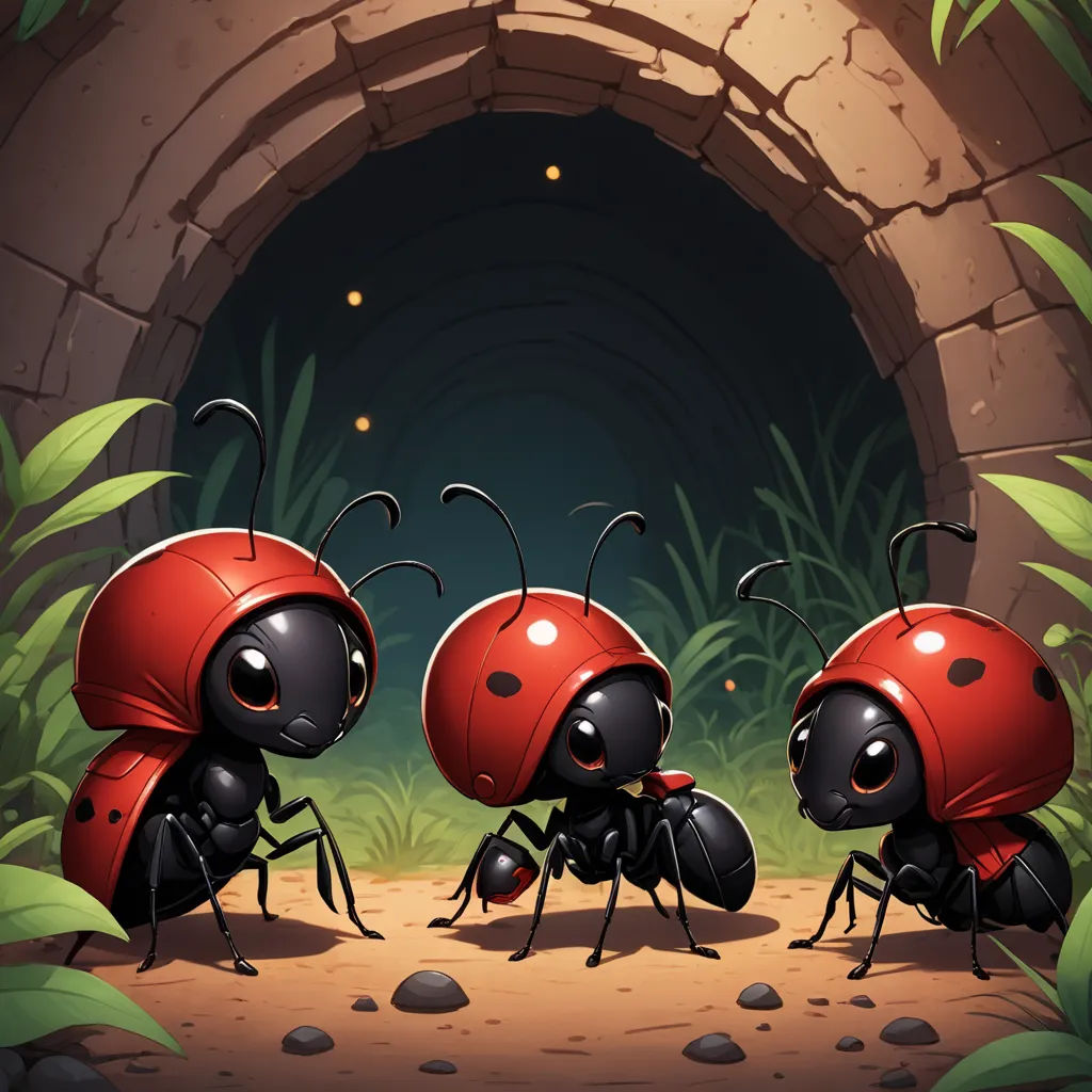 three red bugs are standing in front of a cave entrance with a stone wall and a stone archway with a light at the end, fantasy art, a storybook illustration, Anton Fadeev, game art
