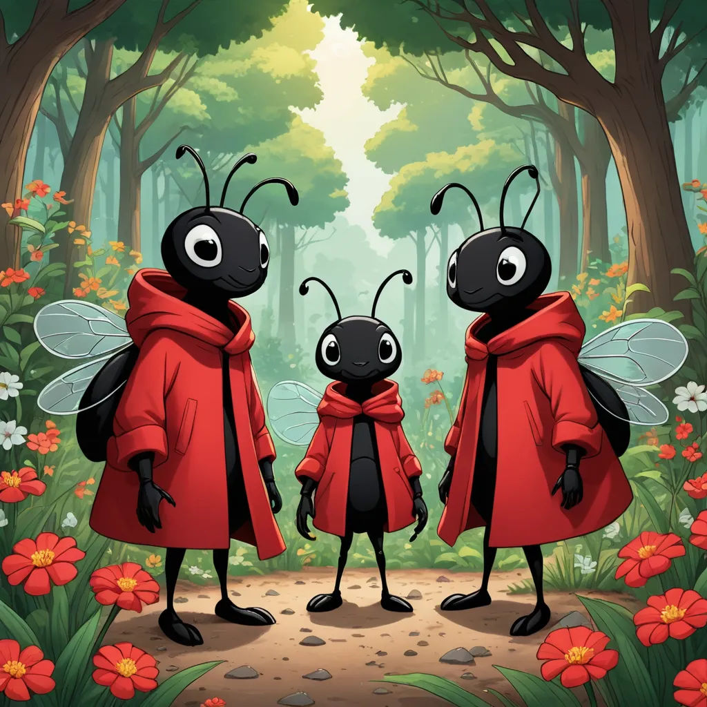 a couple of bugs standing next to each other in a forest with flowers and trees behind them, with a red coat on, furry art, concept art, Anson Maddocks, promotional image