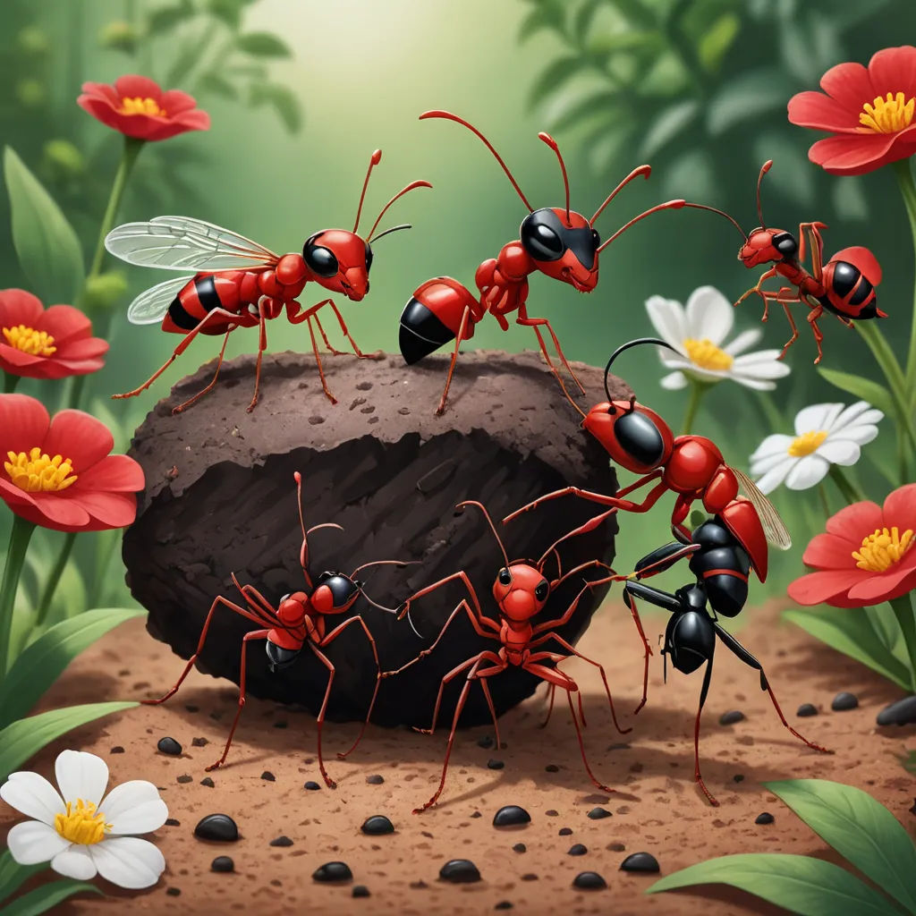 a group of ants are standing on a rock surrounded by flowers and daisies in a forest of grass, ecological art, a detailed painting, Corneille, highly detailed digital painting
