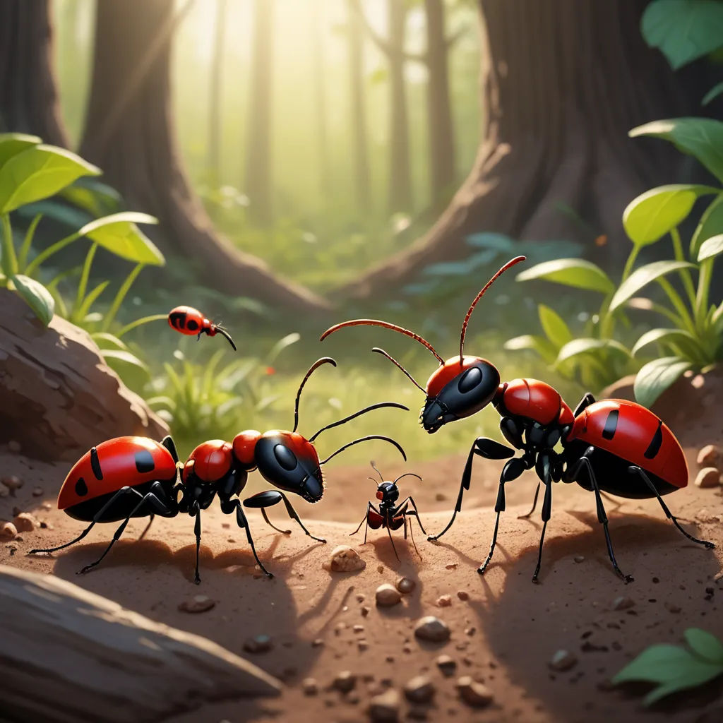 a group of red bugs standing on top of a dirt field next to a forest filled with green leaves, photorealism, a storybook illustration, Chris LaBrooy, highly detailed digital painting