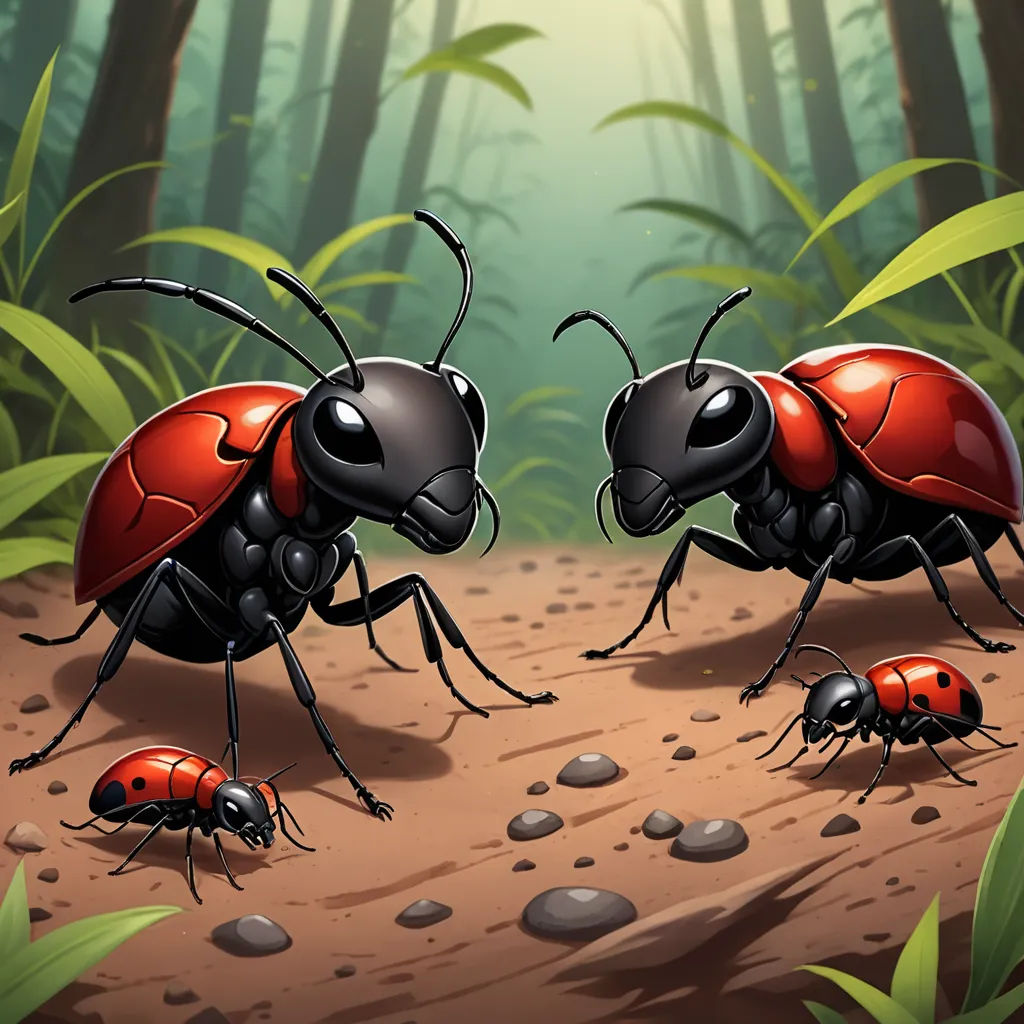 two bugs are standing on a dirt path in the woods with grass and rocks, and one bug is on the ground, antipodeans, a storybook illustration, Ada Gladys Killins, 2 d game art