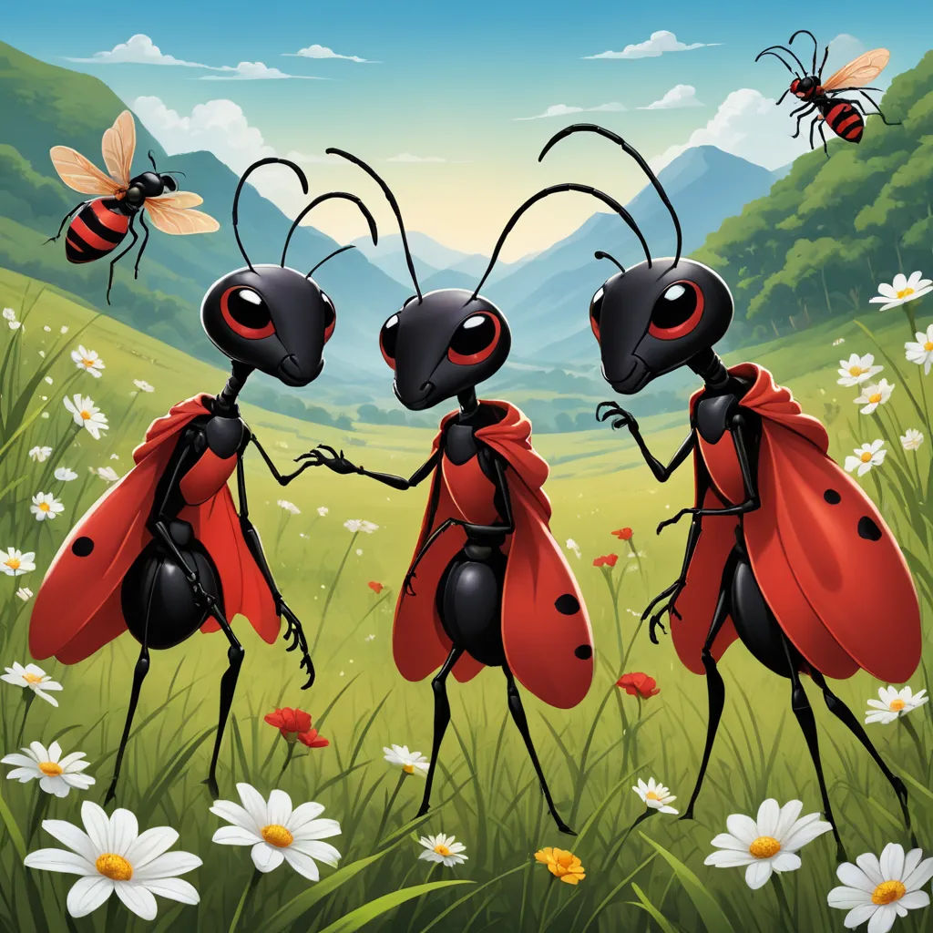 three bugs are standing in a field of flowers and daisies with a bee flying above them and another bug in the background, incoherents, a storybook illustration, Andries Both, furaffinity
