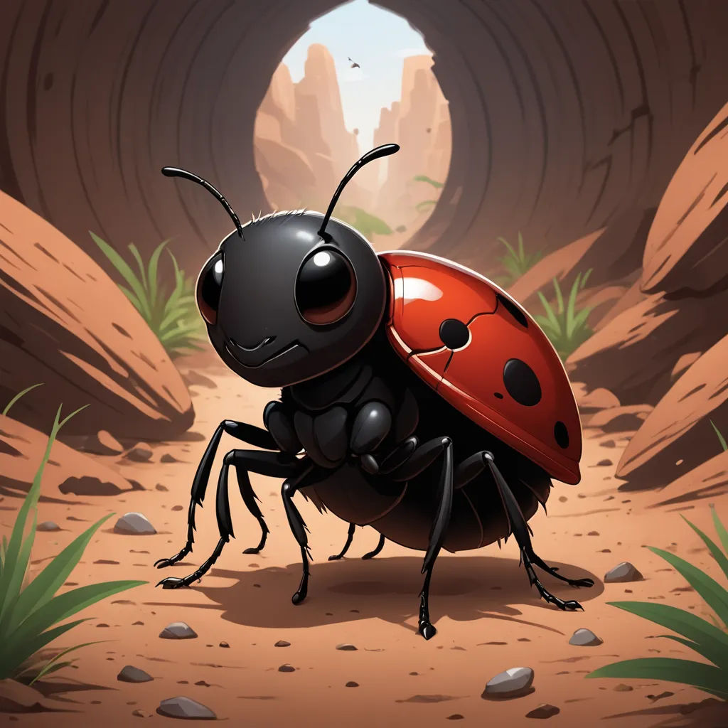a bug with a red face and black body standing in a cave with a red and black bug on its back, pop surrealism, a storybook illustration, Chris LaBrooy, 2 d game art