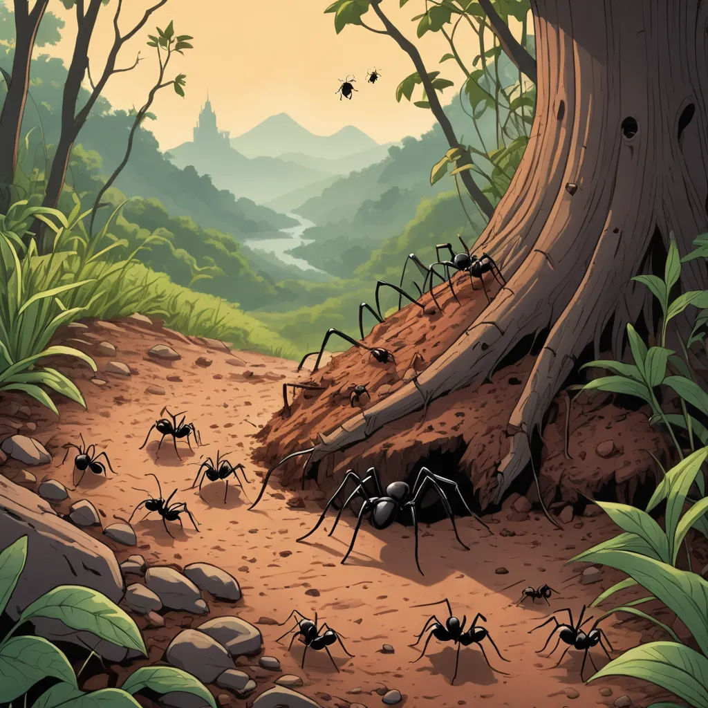 a group of ants walking through a forest near a tree trunk and a river with many other ants in it, fantasy art, a storybook illustration, Dan Mumford, storybook illustration