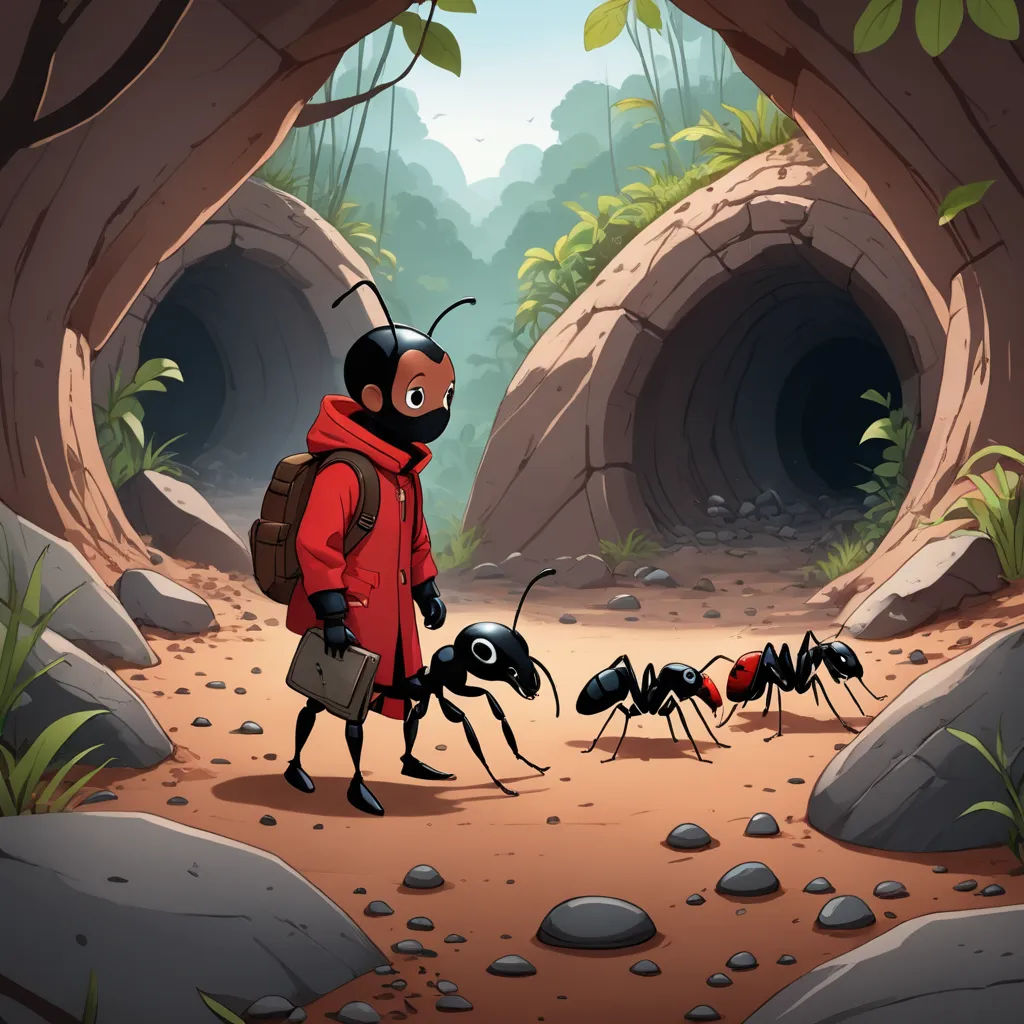 a man in a red coat and a group of ants in a cave with rocks and plants on the ground, primitivism, a storybook illustration, Cliff Childs, 2 d game art