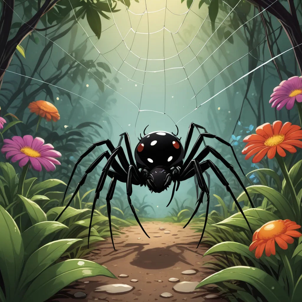 a spider in a forest with flowers and a spider web on it's web - net, with a bright light shining on the spider, fantasy art, a storybook illustration, Anson Maddocks, 2 d game art