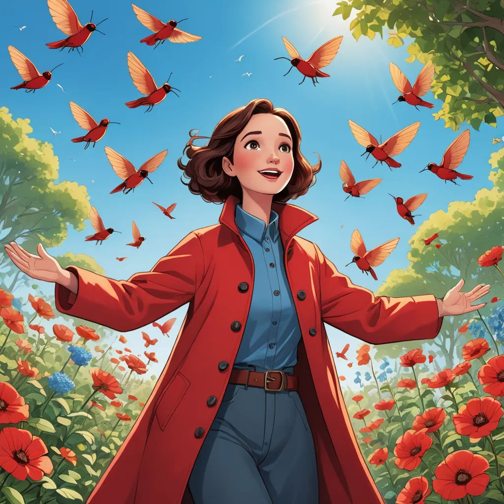 a woman in a red coat is surrounded by butterflies and flowers in a field of red flowers, with her arms outstretched, color field, a storybook illustration, Anne Said, official art