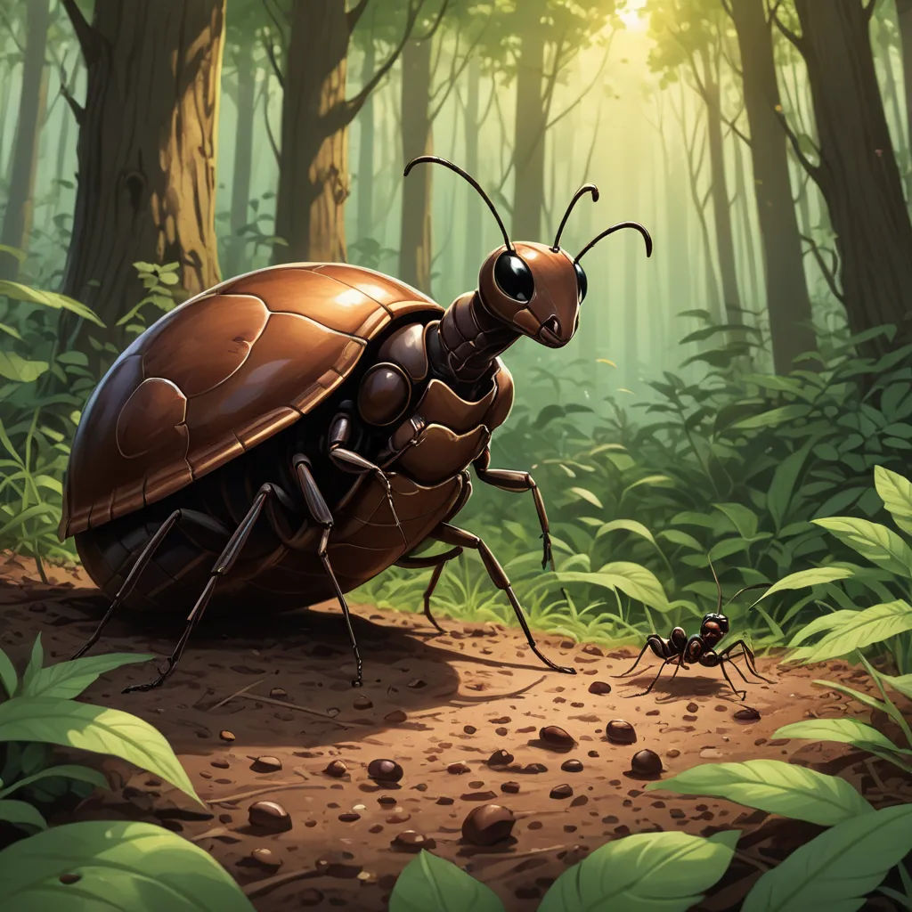 a bug crawling on a dirt ground in a forest with green leaves and a sun shining through the trees, fantasy art, a storybook illustration, Dan Mumford, magic the gathering artwork