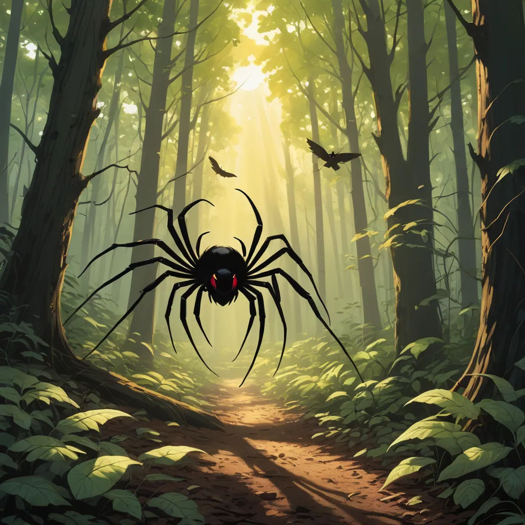 a spider crawling through a forest with birds flying overhead and a trail leading to it's entrance to the forest, fantasy art, concept art, Dan Mumford, magic the gathering artwork