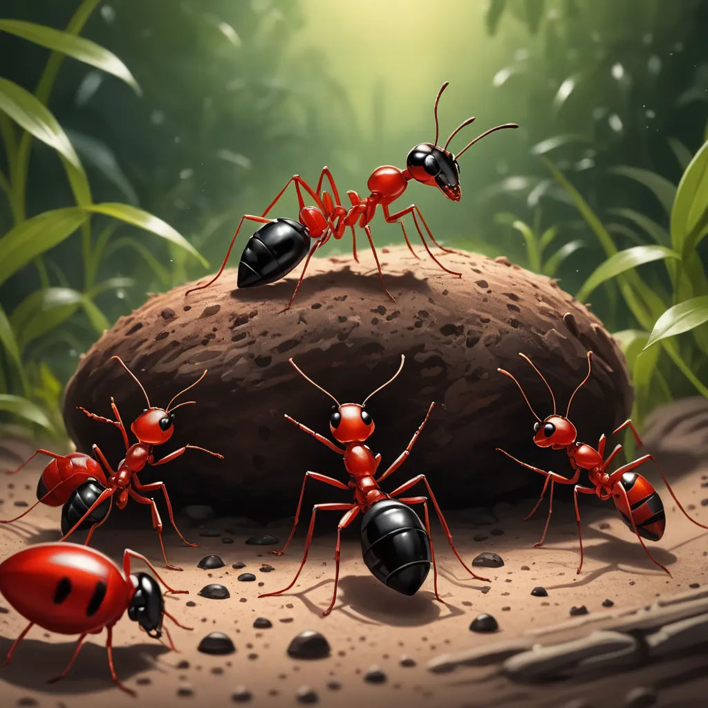 a group of ants standing on top of a dirt mound in a forest with grass and rocks in the background, antipodeans, a storybook illustration, Cyril Rolando, highly detailed digital painting