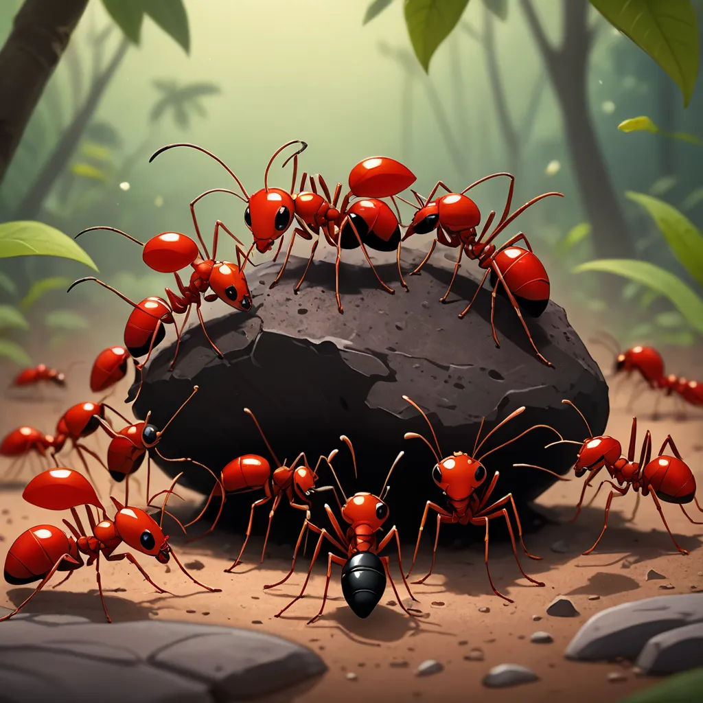 a group of red ants standing on top of a rock in a forest next to a pile of rocks, primitivism, a storybook illustration, Andries Stock, 2 d game art