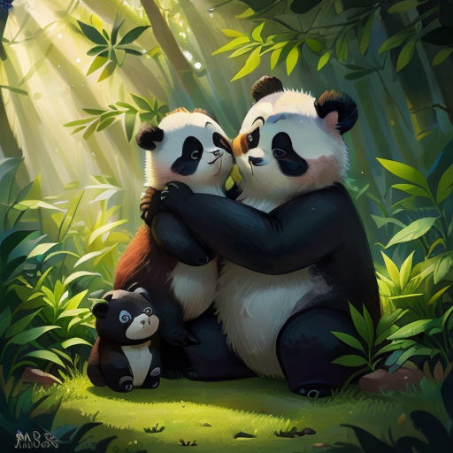 two pandas hugging in the middle of a forest with bamboo trees and sunlight streaming through the trees behind them