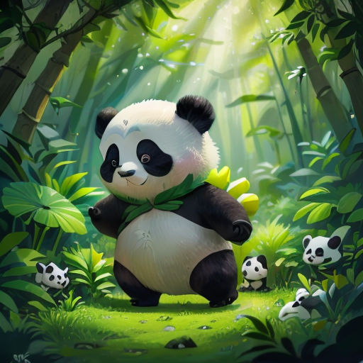 a panda bear is standing in the middle of a forest with pandas in the background and sunlight streaming through the trees