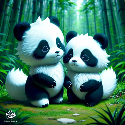 two panda bears sitting in the middle of a forest of bamboo trees and grass, with one of them holding the other's paws