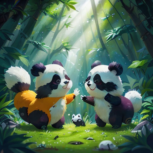 two pandas playing in the forest with each other and a baby panda in the foreground with a sunbeam