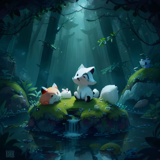 a painting of a forest with animals on a mossy island with a waterfall in the middle of the forest