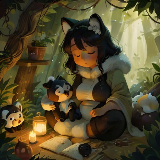 a girl sitting in the woods with her stuffed animals and reading a book with a lantern in front of her