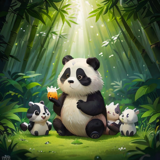 a panda bear with her cubs in the jungle with sunlight streaming through the trees and leaves behind them,