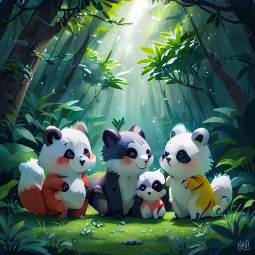 a group of panda bears sitting in the middle of a forest with sunlight streaming through the trees and leaves