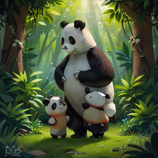 a panda and her two cubs in a forest with sunlight streaming through the trees and leaves on the ground