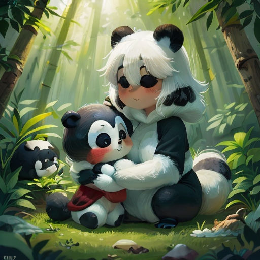 a panda and a panda bear hug in the woods together, with the panda bear holding the panda cub