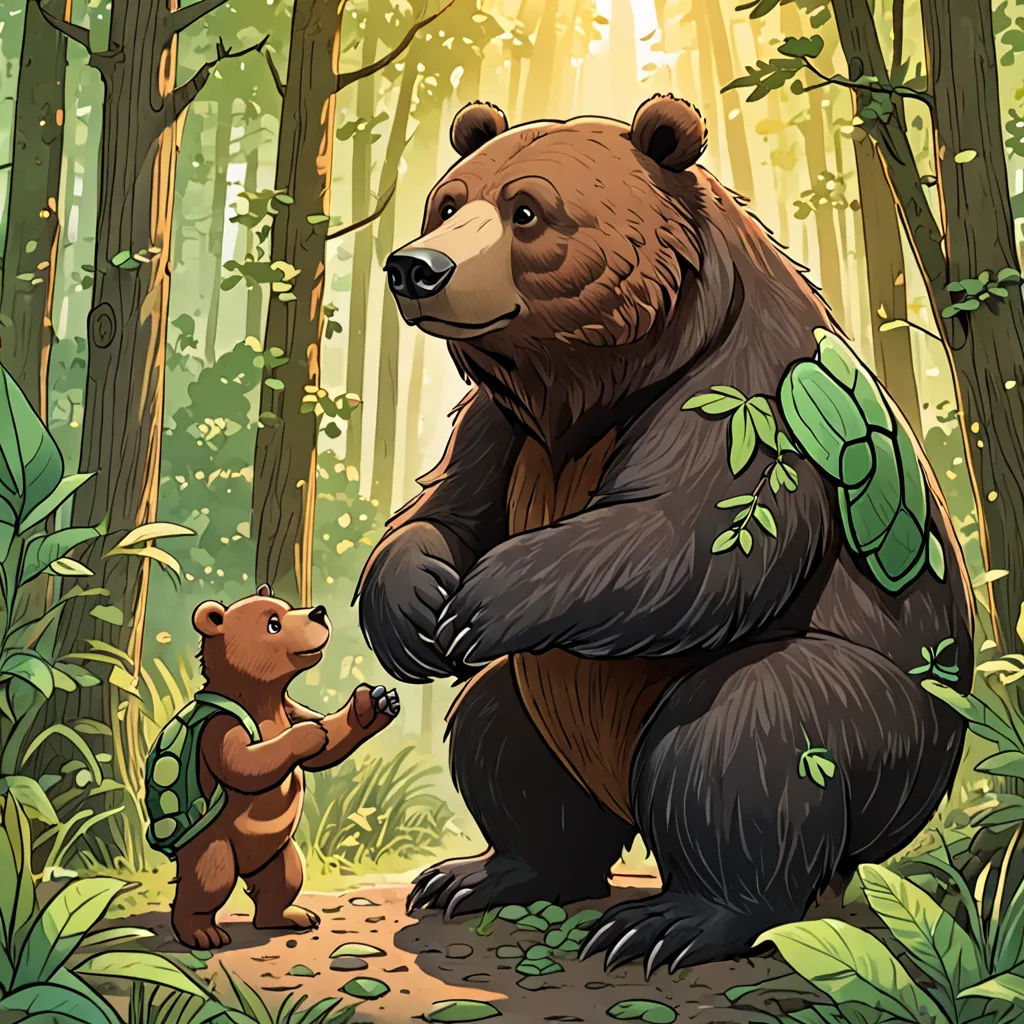 a bear and a bear cub in a forest with sunlight shining through the trees and leaves on the ground, sots art, a storybook illustration, Chris LaBrooy, official art