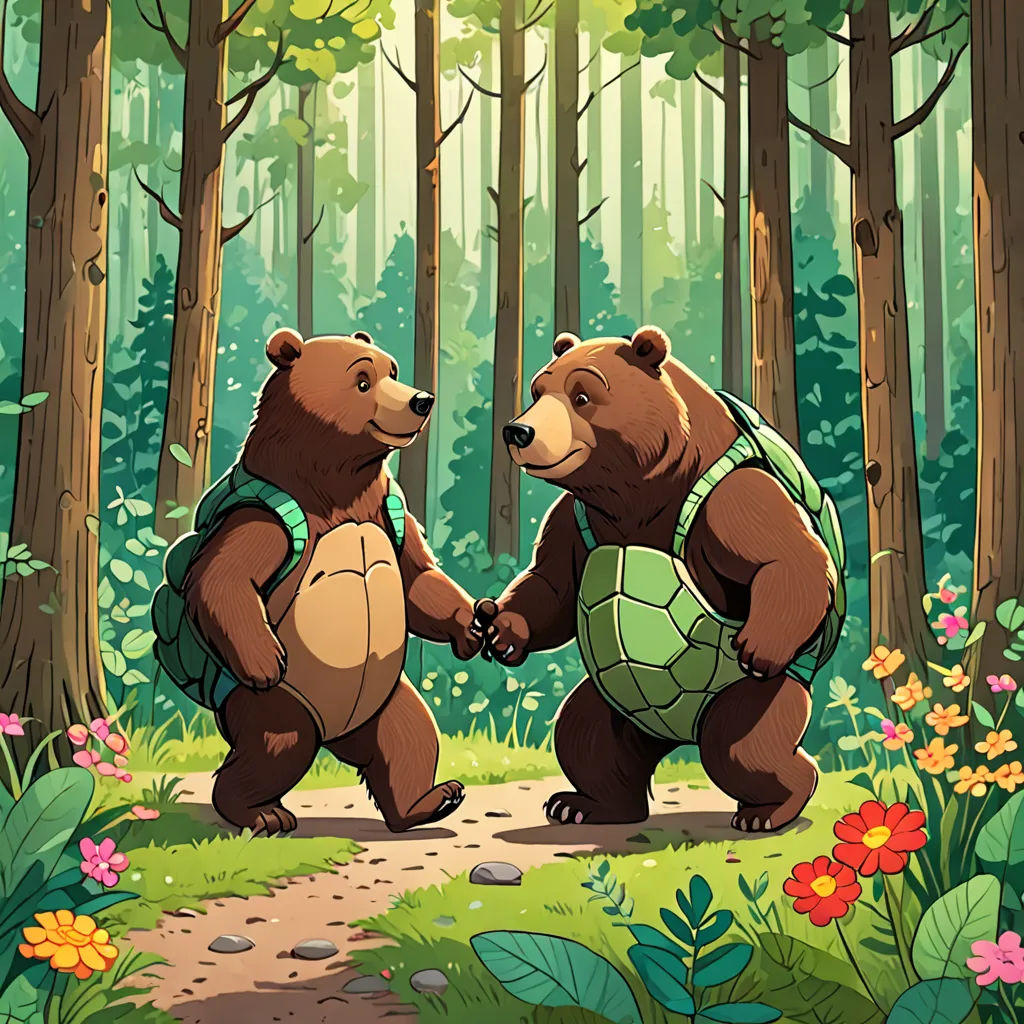 two bears are standing in the woods holding hands and facing each other with a turtle on their back,, environmental art, a storybook illustration, Chris LaBrooy, official art