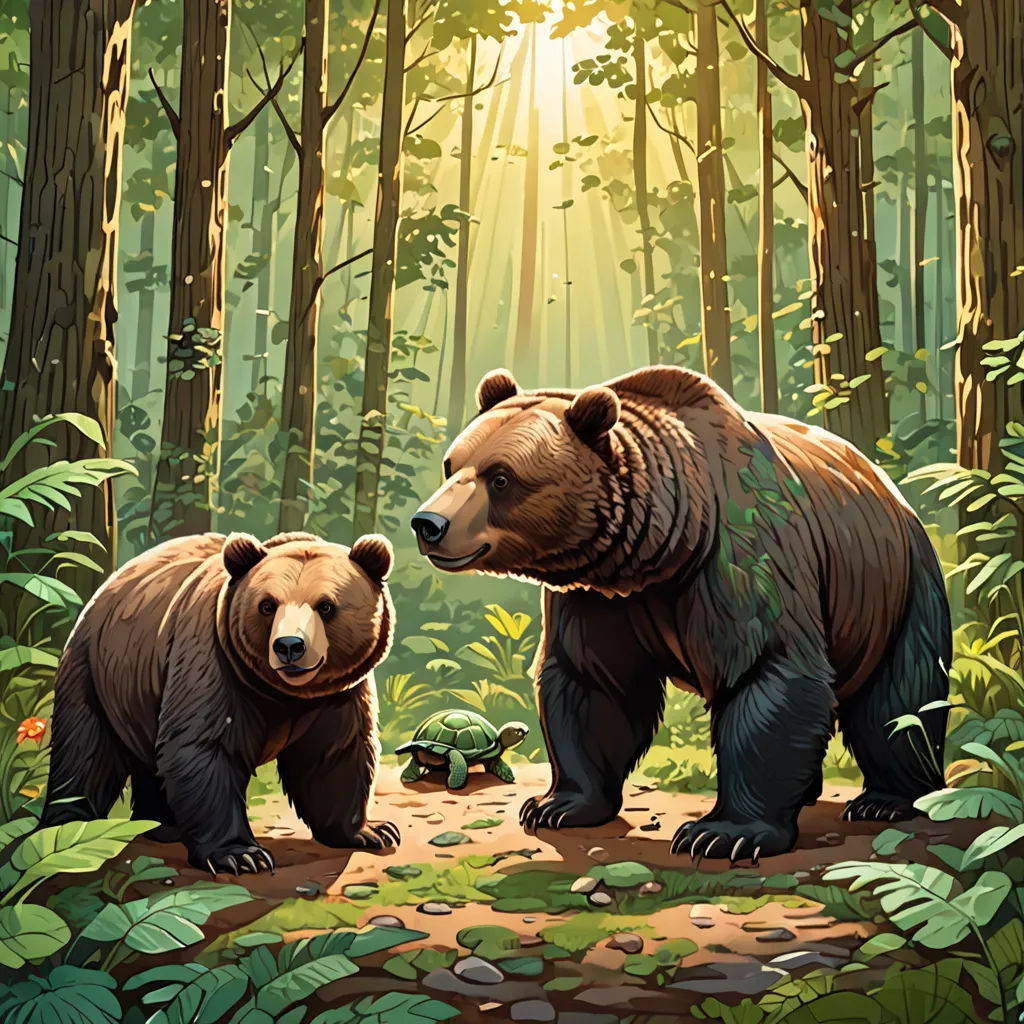 two bears in the woods with sunlight shining through the trees behind them and a baby bear in the foreground, furry art, concept art, Dan Mumford, official art