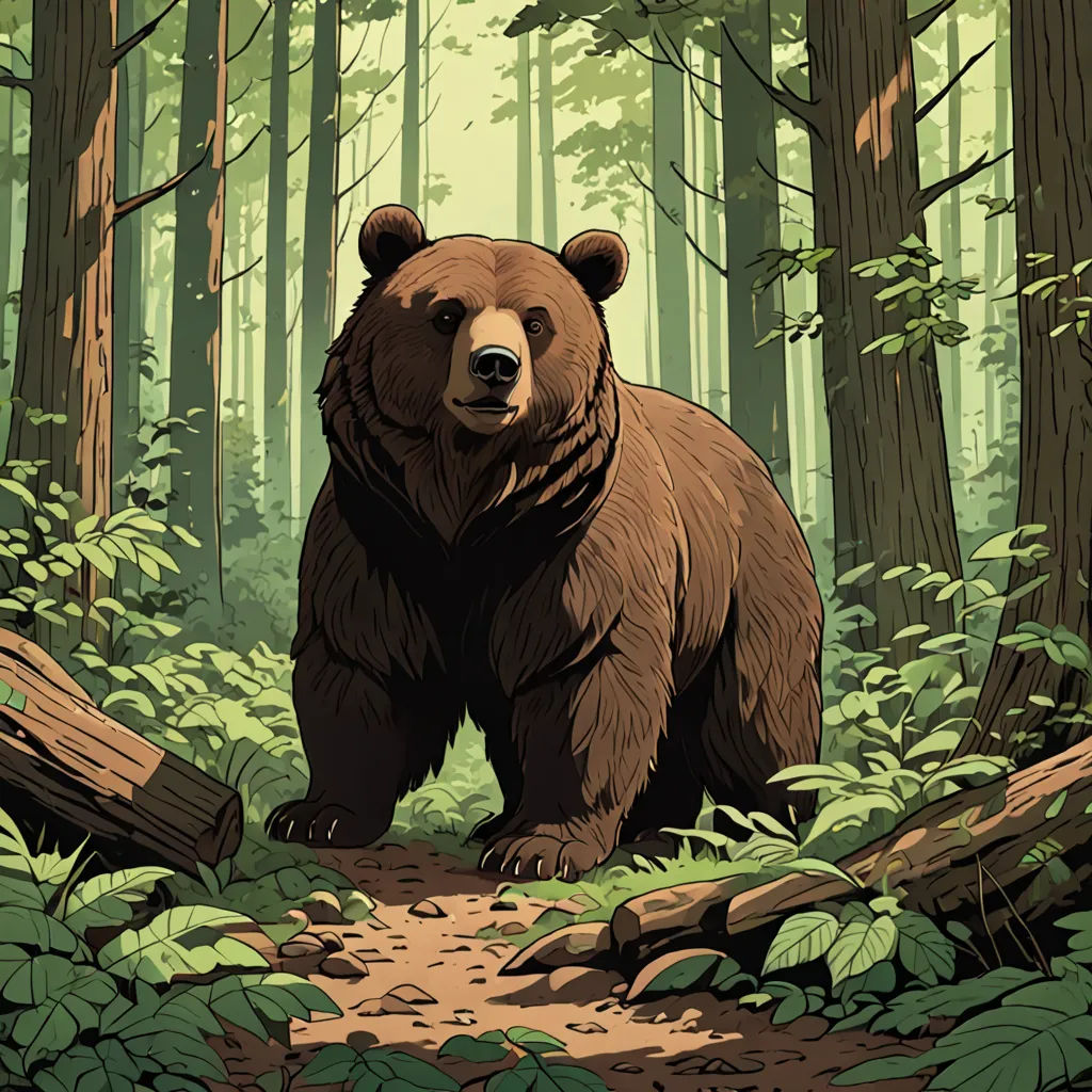 a bear is walking through a forest with trees and leaves on the ground and a path leading to it, furry art, an illustration of, Dan Mumford, josan gonzales and dan mumford