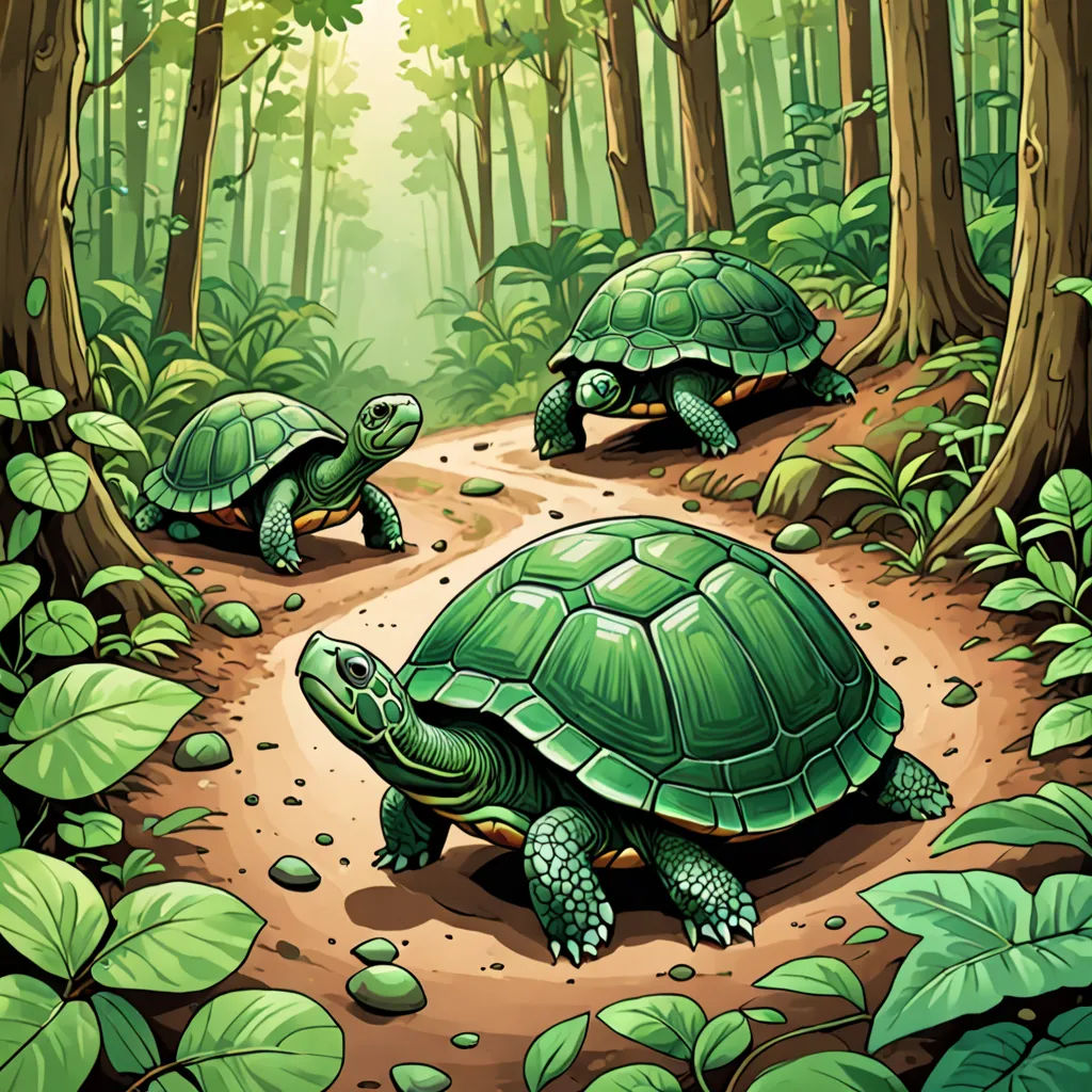 two turtles walking in the forest on a path between trees and leaves illustration by john wylocke, psychedelic art, an illustration of, Dan Mumford, golden ratio illustration