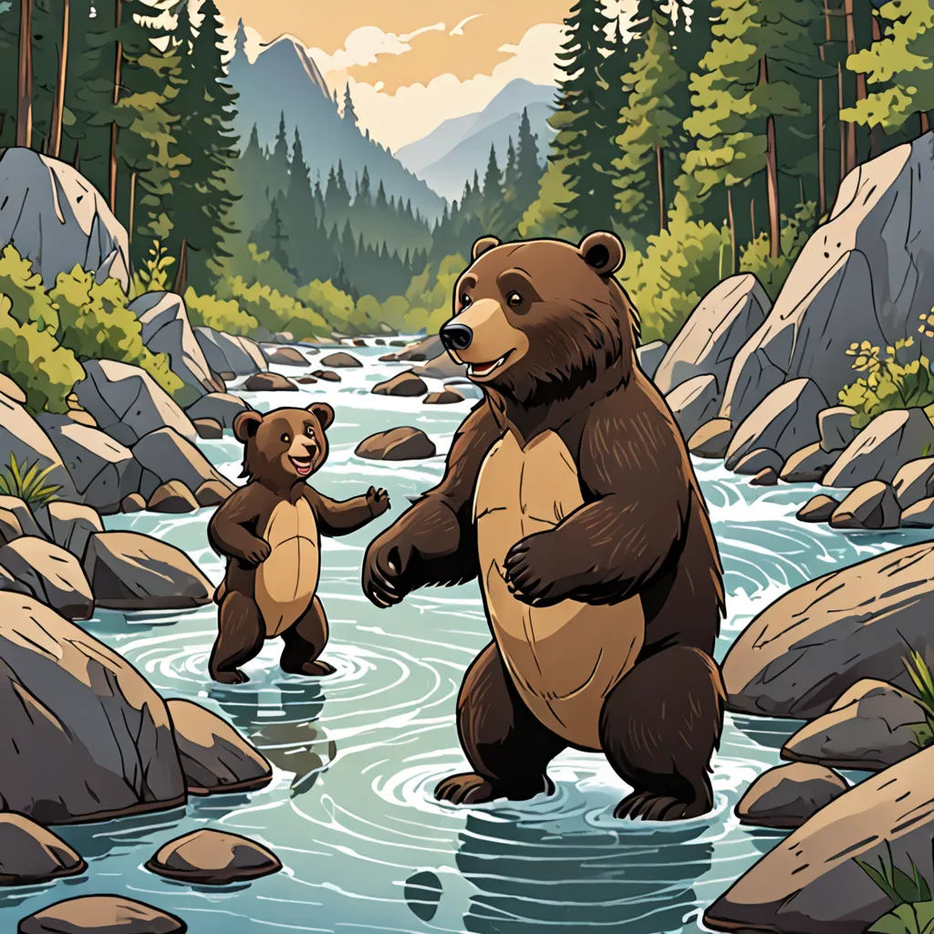 a bear and cub are standing in a river together, surrounded by rocks and trees, with a mountain in the background, environmental art, a storybook illustration, Dan Mumford, josan gonzales and dan mumford