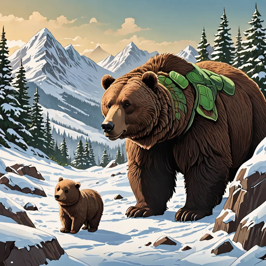 a bear and her cub are walking through the snow covered mountains and trees in the background are snow covered mountains, furry art, a storybook illustration, Dan Mumford, josan gonzales and dan mumford