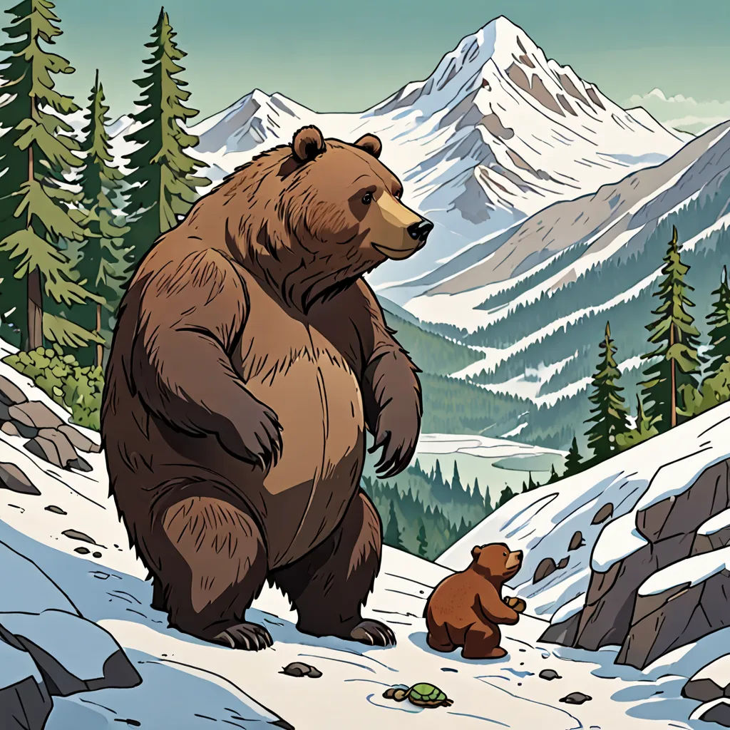 a bear and a cub are standing in the snow in front of a mountain range with snow covered trees, environmental art, a storybook illustration, Chris LaBrooy, josan gonzales and dan mumford