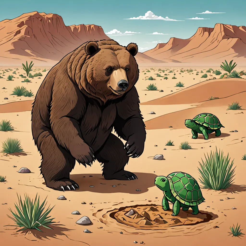 a bear and a turtle are in the desert together, and one is looking at the ground with a mountain in the background, american scene painting, a storybook illustration, Chris LaBrooy, storybook illustration