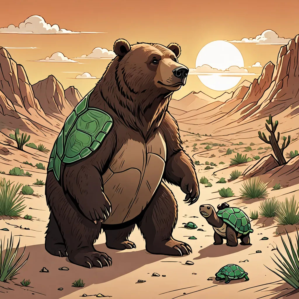 a bear and a turtle are in the desert at sunset, with a mountain in the background and a sun setting, sots art, a storybook illustration, Dan Mumford, josan gonzales and dan mumford