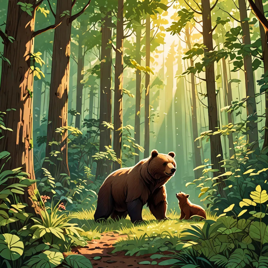 a bear and cub in a forest with sunlight shining through the trees and leaves on the ground and on the ground, furry art, a storybook illustration, Chris LaBrooy, official art