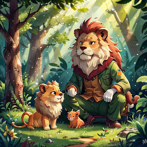 a lion and a lion cub in the forest with a baby lion in front of them, and a forest background