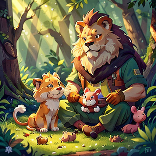 a man sitting in the forest with a lion and a kitten next to him and a cat on the ground