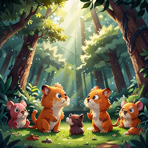 a group of animals sitting in the middle of a forest with sunlight shining through the trees and leaves on the ground