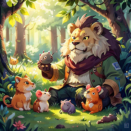 a lion and her cubs in the forest with a forest background and trees and foliage, with a sun shining through the trees