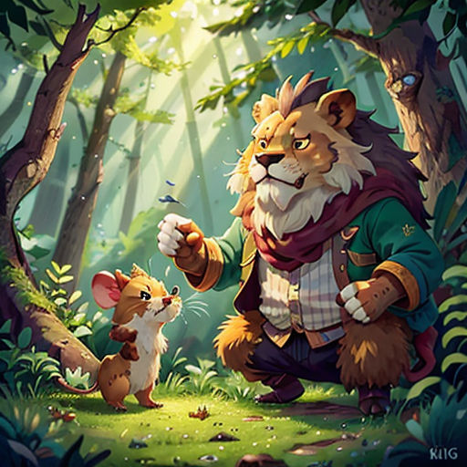 a cartoon character with a mouse in the woods with a forest background and a forest scene with a lion and a mouse