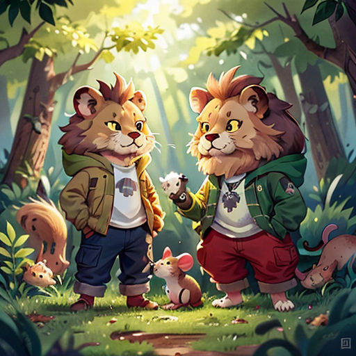 two cats standing in the woods with a dog and a cat on the ground next to them, with a forest background
