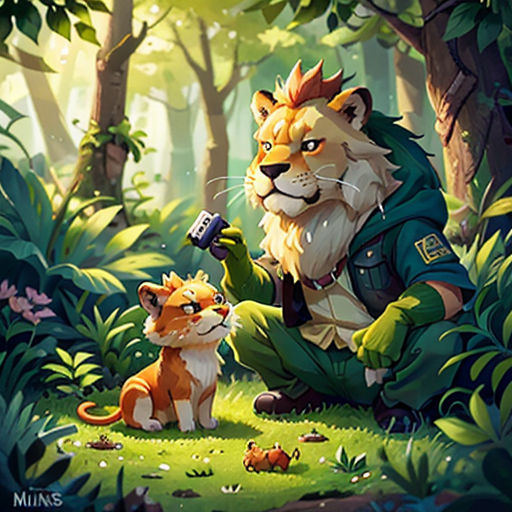 a lion and a fox in the woods with a camera in their hand and a man holding a camera