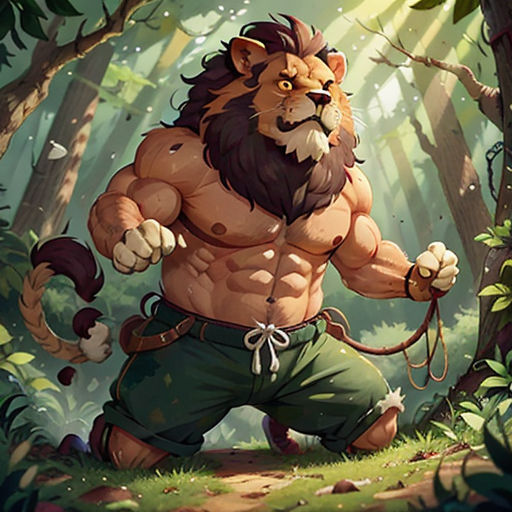 a cartoon character with a lion on his back in the woods, holding a rope and a sword in his hand