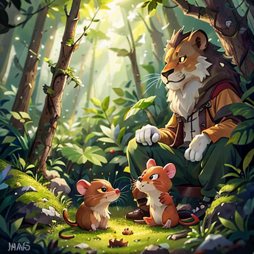 a cartoon of a man and a mouse in the woods with a forest background and sunlight shining through the trees