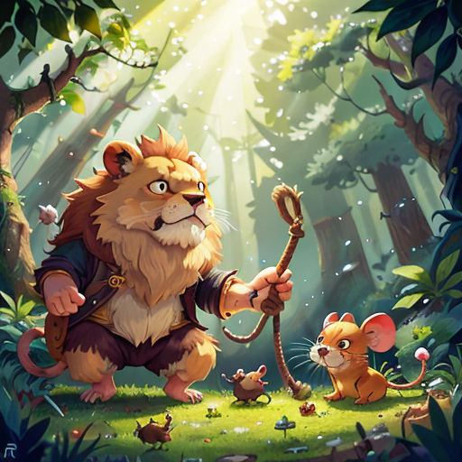 a cartoon of a lion and a mouse in a forest with a stick in its hand and a mouse in the foreground