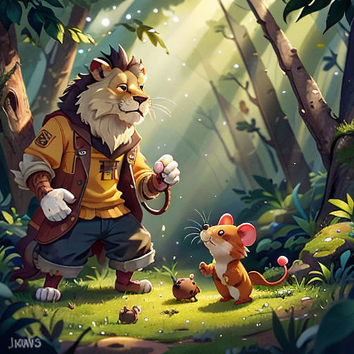 a cartoon character with a mouse in the woods with a forest background and a forest scene with a lion and a mouse