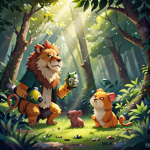 a lion and a mouse in the woods with a bottle of beer in their hand and a mouse in the other hand