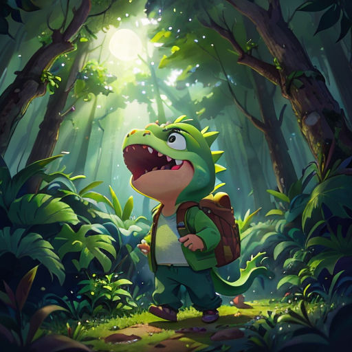 a cartoon dinosaur with a backpack in the forest with a light shining through the trees and leaves on the ground