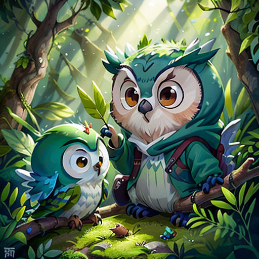 two owls sitting on a branch in the forest with a bird nearby, and a bird with a backpack on